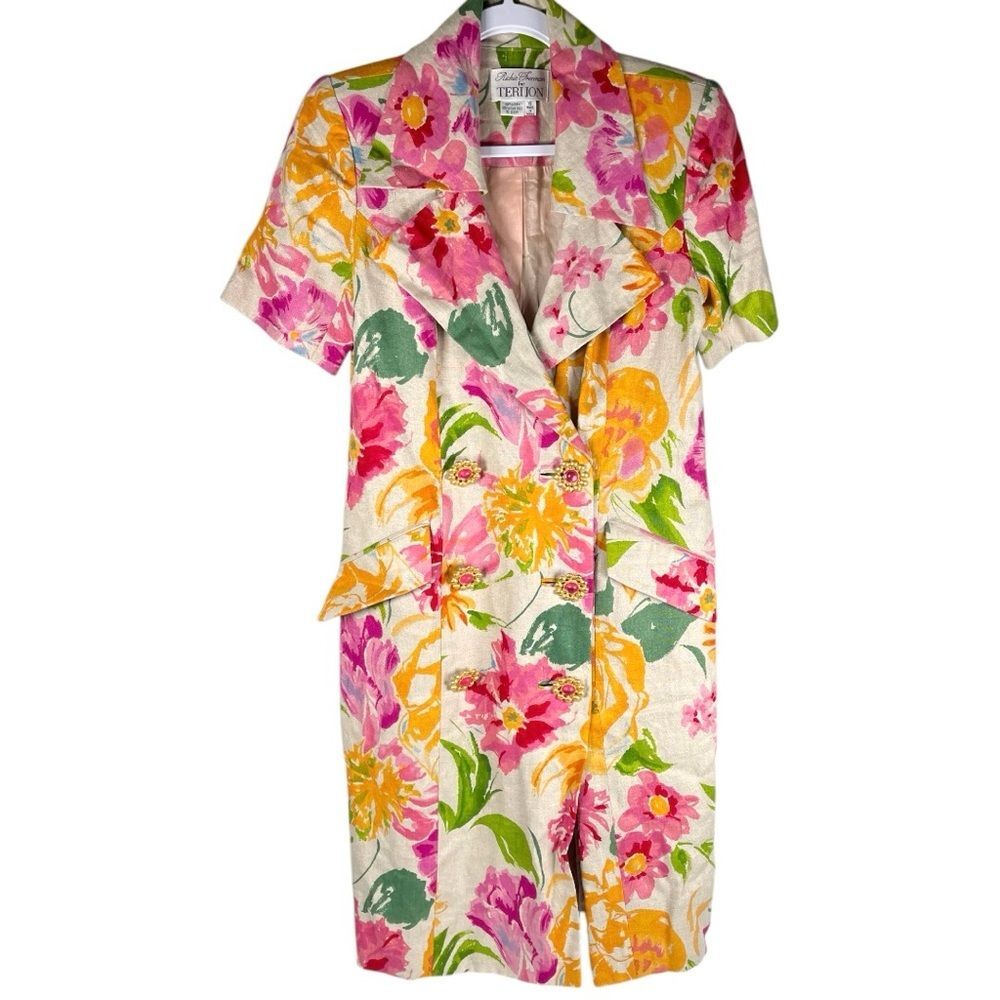 Rickie Freeman for Teri Jon women’s size 6 linen floral double breasted dress